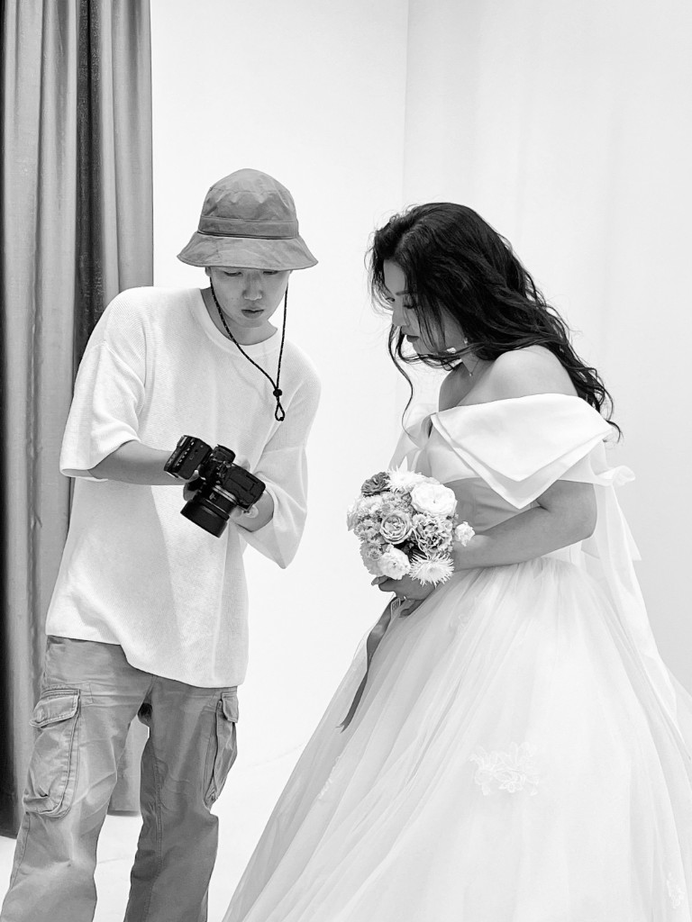 Behind-the-scenes black and white portrait